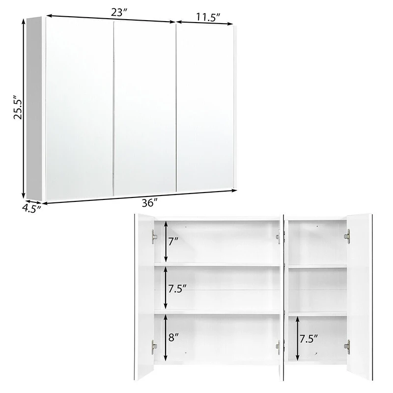 

36" 3 Mirrors Bathroom Medicine Cabinet Water Proof Sturdy Premium MDF Wood 3-Adjustable Shelves Wall Mount Storage Cabinet