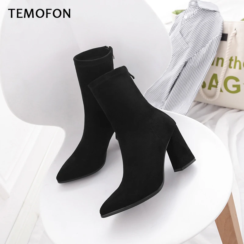 Ботильоны Черные женские ботинки на высоком каблуке Модная осенне-зимняя обувь