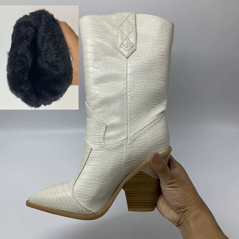 beige B NEMAONE/Прямая поставка; Брендовые женские ботинки; обувь на танкетке с острым носком; сезон осень-зима; короткие женские сапоги до середины икры в западном стиле - Цвет: beige B