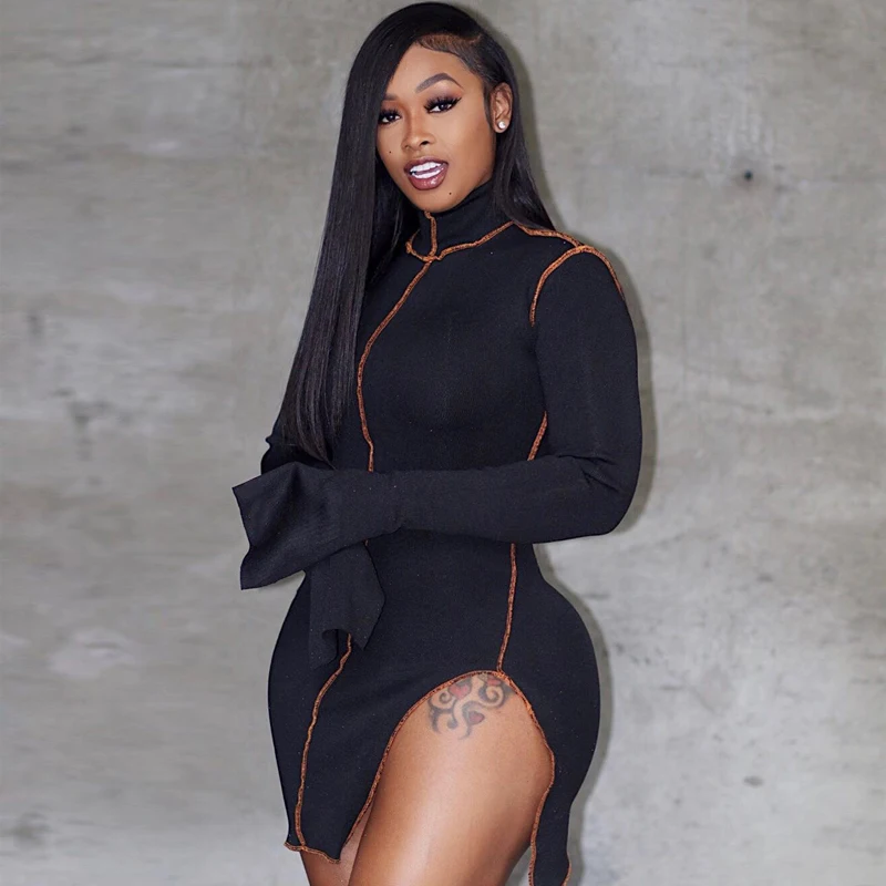 

Side Slit Patchwork Women Casual Dresses Long Sleeve Athleisure Fashion 2020 Bodycon Mini Dress Slim Sporty Clothing