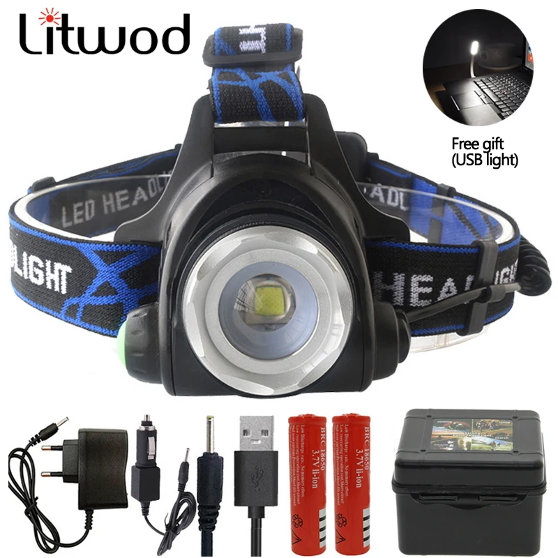 Litwod D4 T6/L2/V6 светодиодный налобный фонарь с 3 режимами алюминиевым зумом