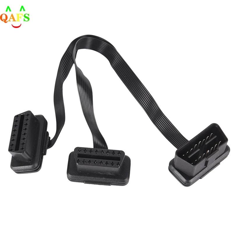 

30CM Flat 16Pin ELM327 OBD2 Male To Dual Female Y Splitter Elbow Extension Cable Lead