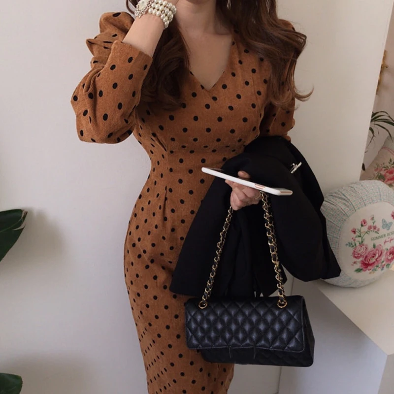 

Vintage Elegant Polka Dot Women Long Dress Spring Autumn New Fashion Long Sleeves Dresses V Neck Slim Lace Up Vestidos