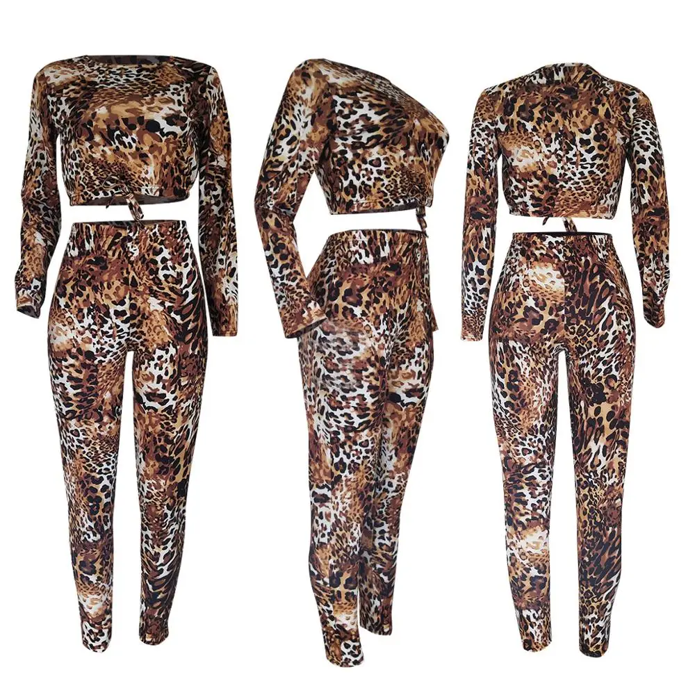

Digital Print Leopard Casual 2 Piece Sets Long Sleeve Autumn Bandage Crop Top+Pants Outfits Women Plus Size Winter Sweater Suit
