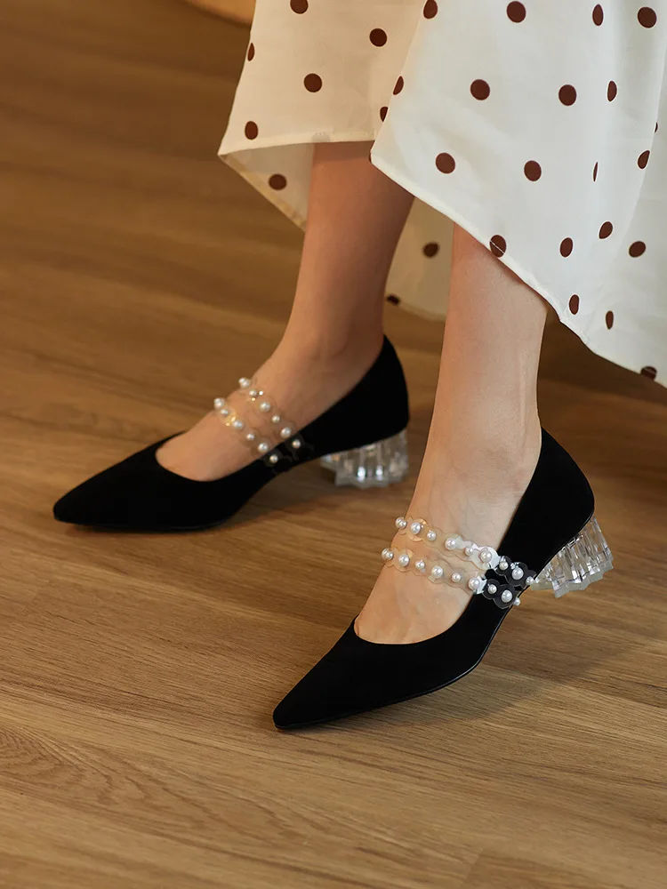 

Newest High Quality Woman Pumps Elegant Retro Pearl Mary Jane Pointed Toe Crystal High Heels Party Office Lady Shoes Woman