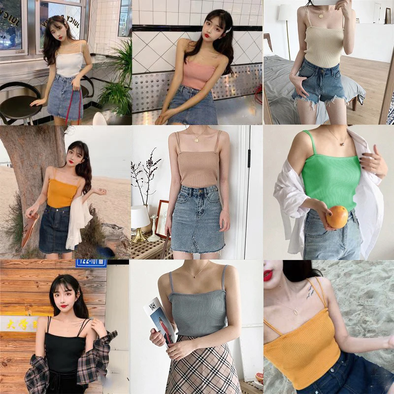 

Women Sexy Solid Color Tank Top Off Shoulder Halter Sexy Thin Double Straps Knitted Camisole Women Vest