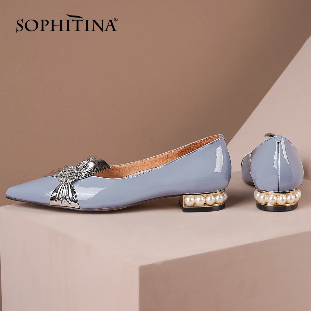 

SOPHITINA Женская весенне-осенняя яркая кожа заостренный носок Кристалл Бабочка узл низкий квадратный жемчуг каблук для женщин PO998