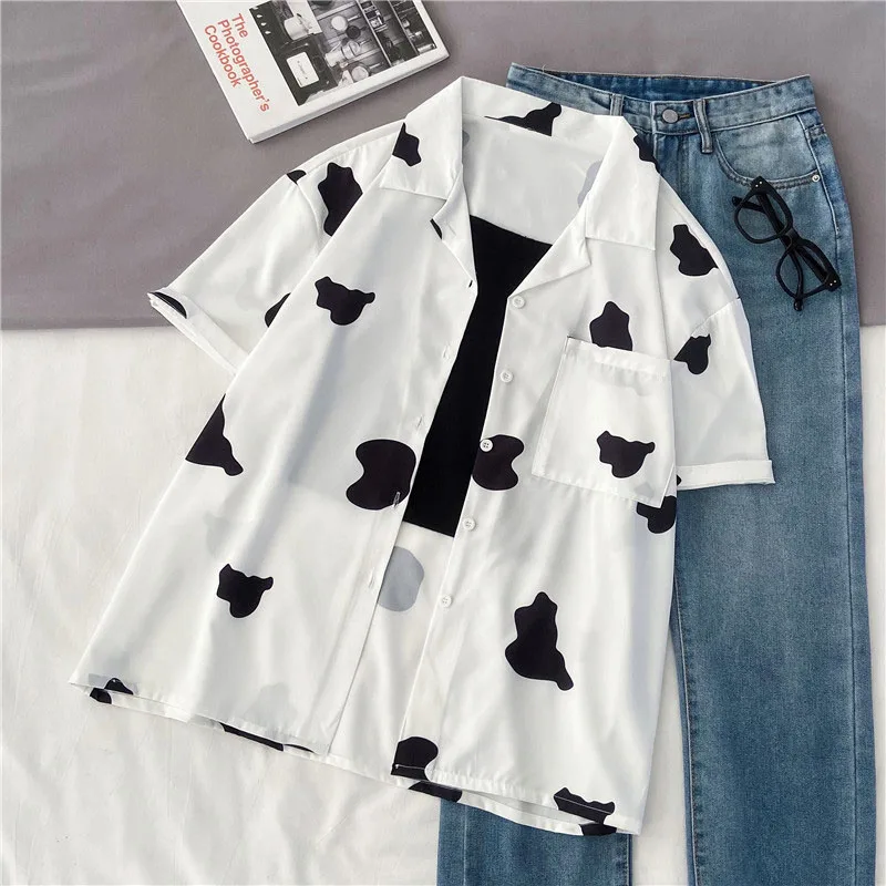 

Summer new Korean black and White Cow Print casual short sleeve shirt female niche design loose clothes