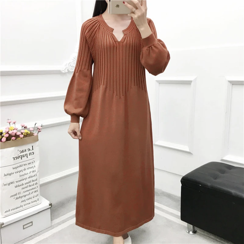 Корейский стиль осень и зима большой размер длинный толстый свитер платье с v