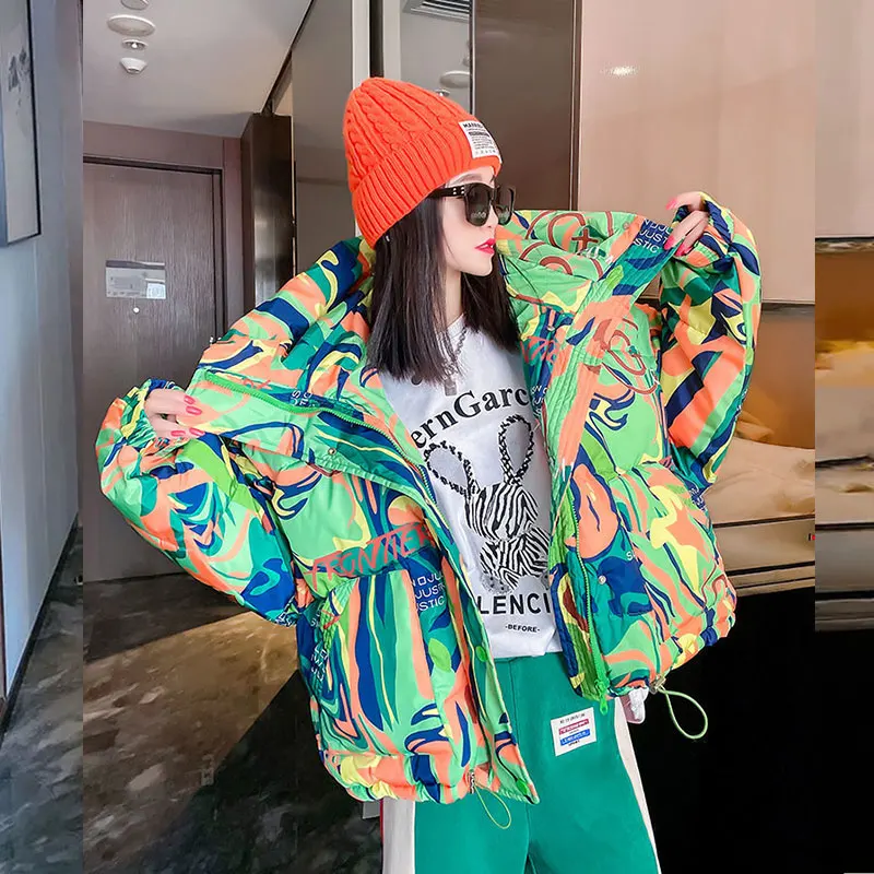 Fashion Printed Graffiti Women's Jacket Warm Winter Short Hooded Parka 2021 New Girls Coat Casual Loose Thick Female Down Jacket