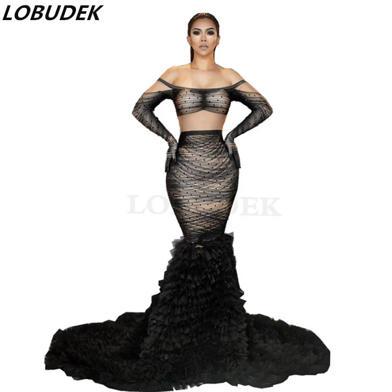 

Black Rhinestone Patchwork Floor Length Tail Dress Lady Evening Party Model Catwalk Mermaid Dress Singer Concert Show Long Dress