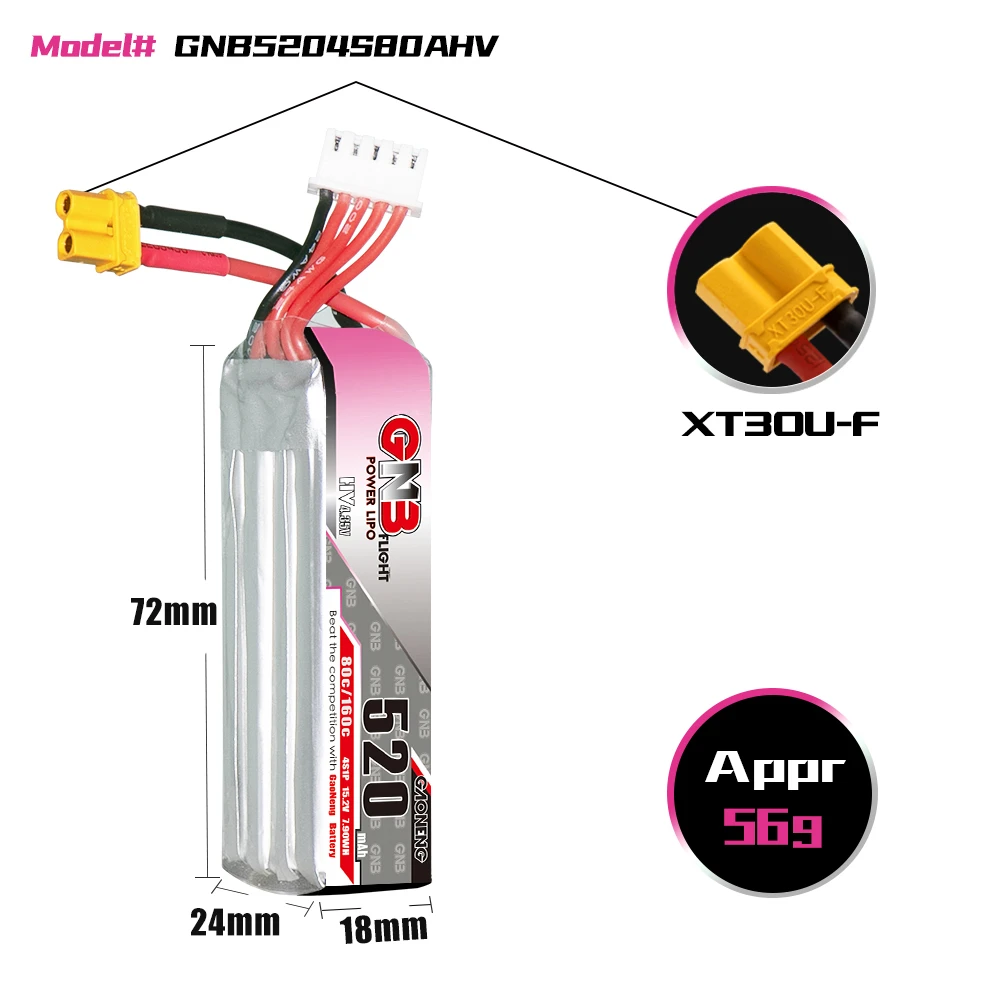 Аккумулятор Gaoneng GNB 520 мА · ч 4S в 80C/160C HV Lipo с разъемом XT30 для квадрокоптера Betafpv Beta85X