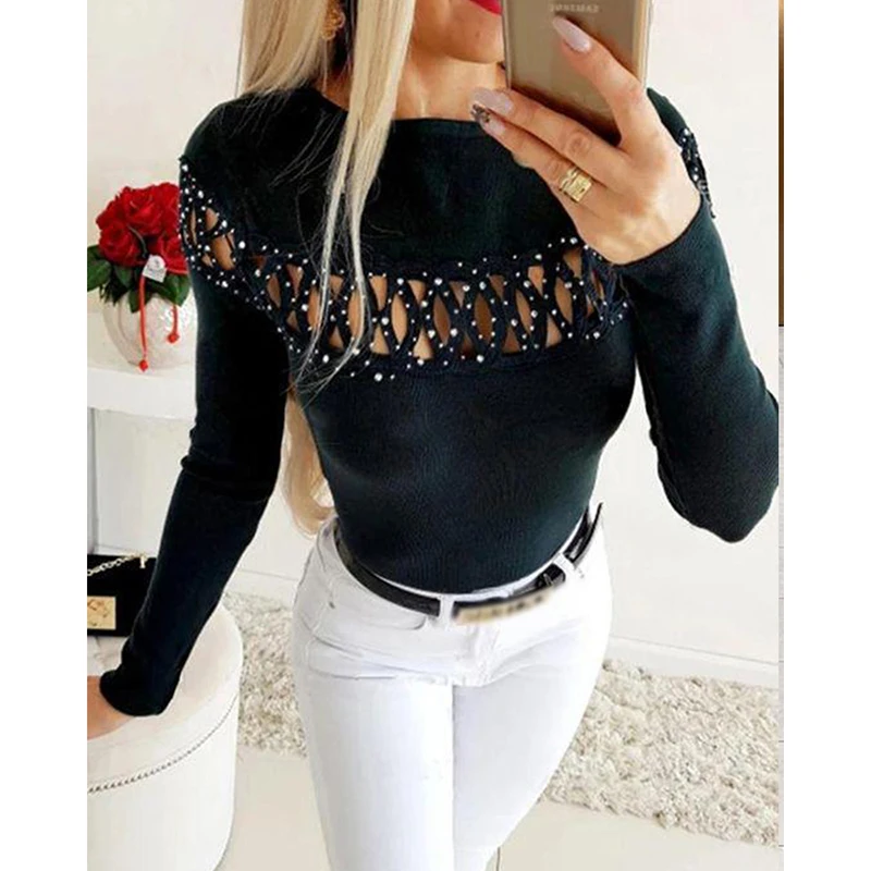 

Women Hollow Out Tshirts 2021 Solid Black Spring Autumn O-Neck Long Sleeve Casual Slim Beading Female Tight Top Harajuku SJ8801V