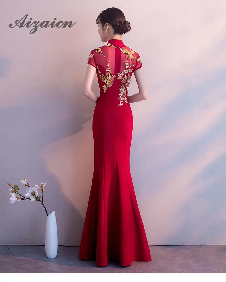 Вышивка Cheongsam длинное традиционное китайское винтажное платье красное свадебное платье Русалка сексуальное платье Ципао с разрезом Современные платья