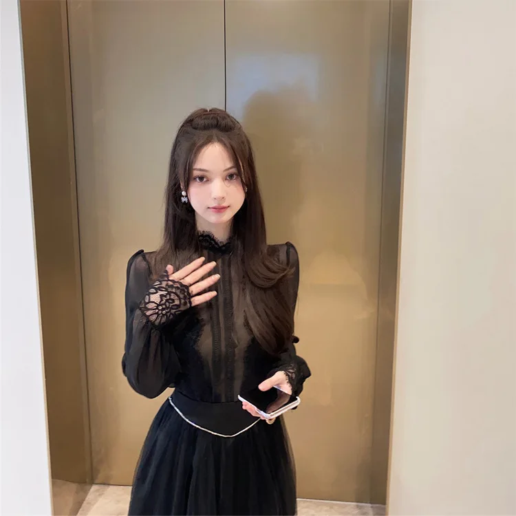 Obsidian 2022 New Palace Korean Style Bubble Sleeve Lace Shirt Mesh High Waist Puffy Skirt Suit Womens Dress