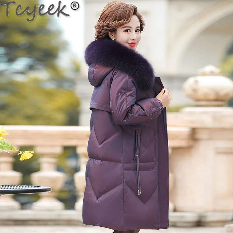 

Tcyeek Winter Warm Real Fox Fur Collar Puffer Jacket Women 2021 Hooded Casual White Duck Down Coat Female Manteau Femme Gxy1178