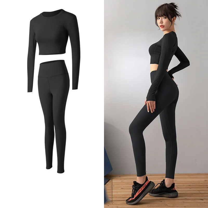 

2PCS Seamless Women Yoga Set Workout Sportswear Gym Clothing Fitness Long Sleeve Crop Top High Waist Leggings Sports Suits Fashi