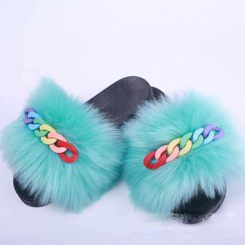 

Women Furry Sandals Color Buckle Fashion Fluffy Shoes Woman Faux Fox Fur Women's Outdoor Slides Comfort Women Shoes Large Size