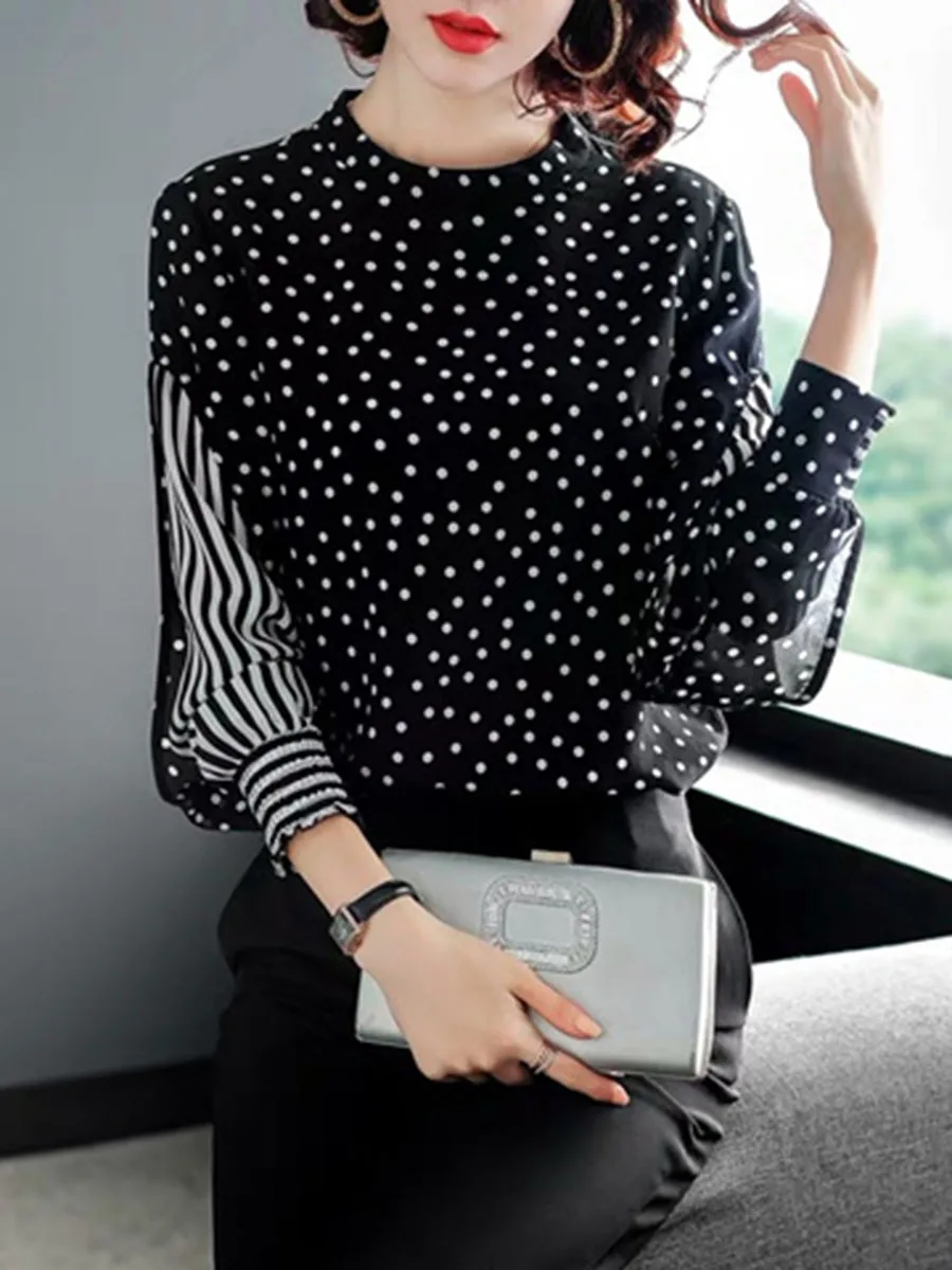 Женская шифоновая рубашка с газовыми волнами и полосатыми рукавами свободная