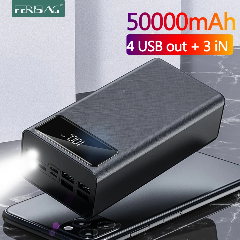 Зарядное устройство FERISING 50000 мАч Power Bank светодиодный цифровой дисплей 4 USB внешний