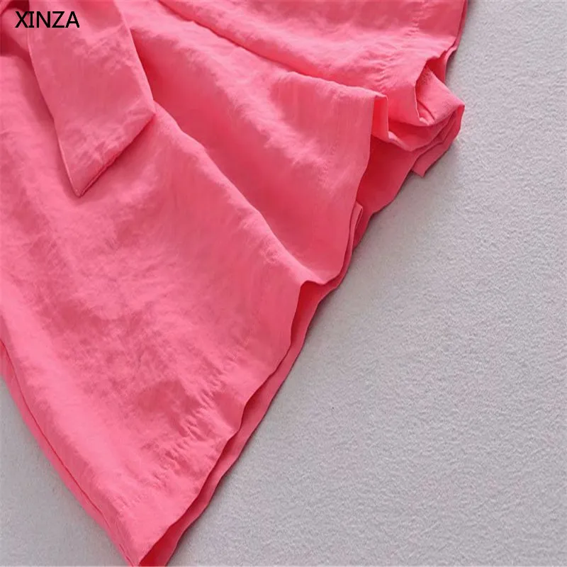 

2021 ZA Women Belted Short Jumpsuit Summer Short Sleeve Vintage Pink Playsuit Fashion Back Opening Woman Pleated Jumpsuits