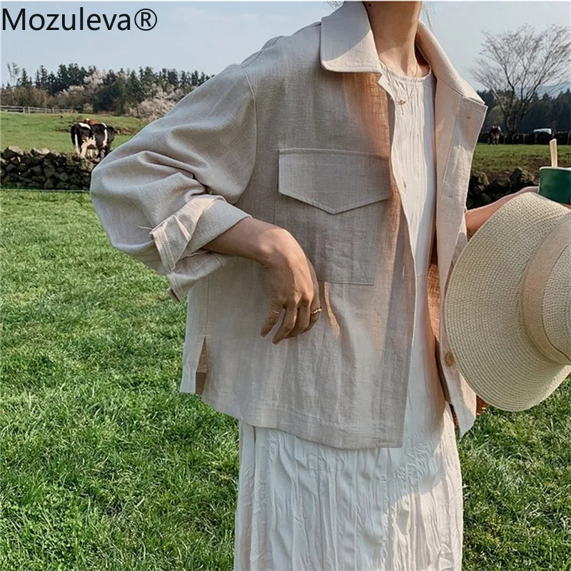 

Mozuleva 2021 Summer Fall Women's Jacket Casual Pockets Cargo Cotton and Linen Wild Outerwear Female Oversize Short Tops New
