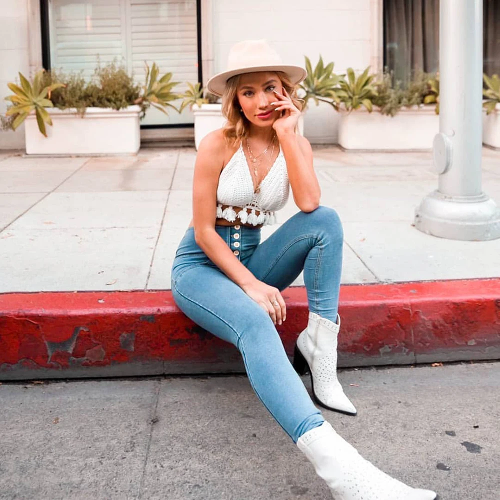 Мелодия четыре способа эластичный Высокая Талия Джинсы женские 4 кнопки узкие