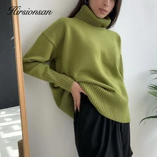 Hirsionsan-suéter de Cachemira con cuello de tortuga para mujer, Jersey de punto grueso y cálido elegante, básico, suelto, 2021