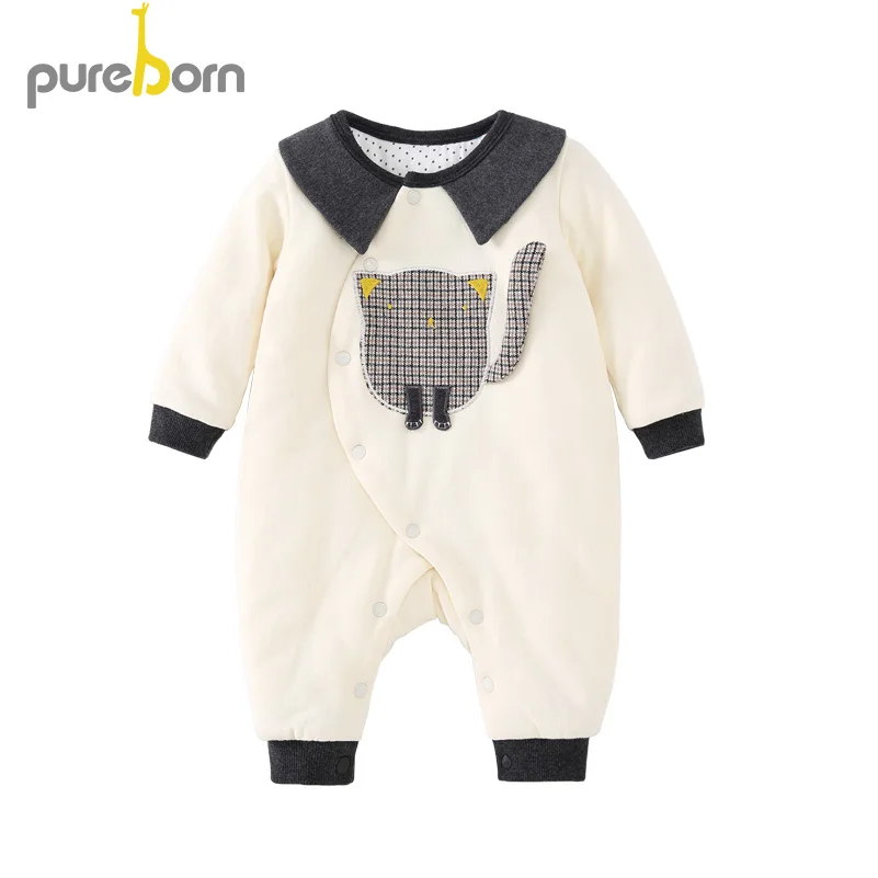 Pureborn/комбинезон для новорожденных; хлопковый стеганый хлопковый комбинезон с хлопковой подкладкой; теплый комбинезон для маленьких мальчиков; Одежда для девочек - Цвет: beige