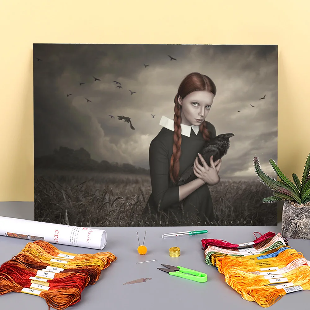 Lienzo impreso para mujer y ni&ntilde;a, 11CT, patrones de bordado de punto de cruz, hilos DMC, pintura, trabajo artesanal, tejer, Mulina-0