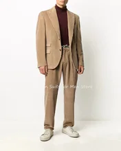 2 pçs jaqueta calças luz cáqui ternos masculinos grosso inverno veludo blazer festa de negócios mostrar casamento festa à noite vestido (1)