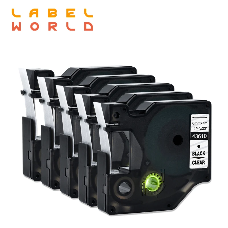 

Label World 6mm Label Tape 43610 Black on clear Label Ribbons Compatible for Dymo D1 Manager 160 280 210 5PACK