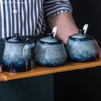 japanese style ceramic seasoning pot set household kitchen salt pot seasoning box seasoning pot storage tool kitchen supplies