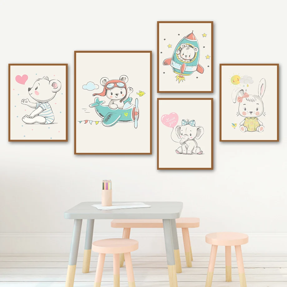 

Bunny Elephant Bear Moon Rocket Airplane Wall Art Canvas Painting Nordic Posters And Prints Wall Pictures Kids Kawaii Room Decor