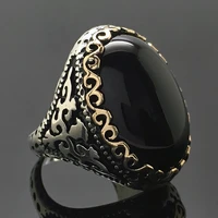 vintage large black stone rings for women wedding silver color hollow pattern ring men bague femme luxury jewelry anillos mujer