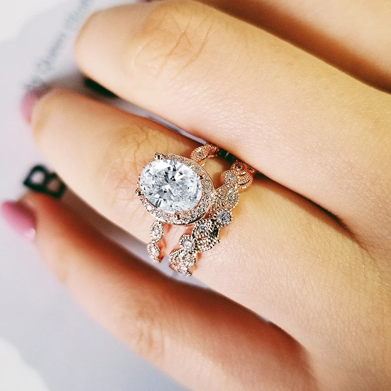 Новинка 2021 набор обручальных колец с полым узором овальной формы из циркония цвета розового золота и