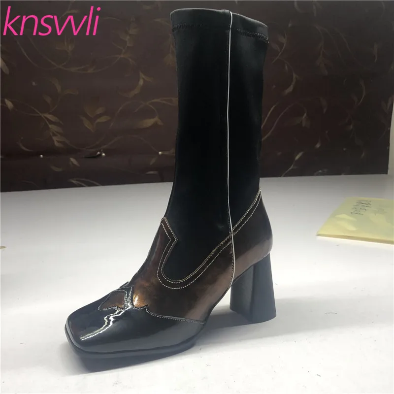 dark brown Новинка; эластичные короткие сапоги на высоком массивном каблуке; женские разноцветные носки из лакированной кожи с квадратным носком; женские мотоциклетные ботинки - Цвет: dark brown