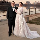 Платье Свадебное розовое с длинным рукавом и кружевной аппликацией
