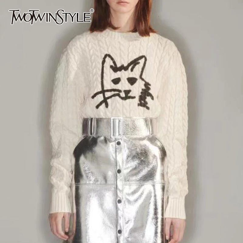 TWOTWINSTLE вязаный осенний свитер с принтом кота для женщин круглый вырез длинный