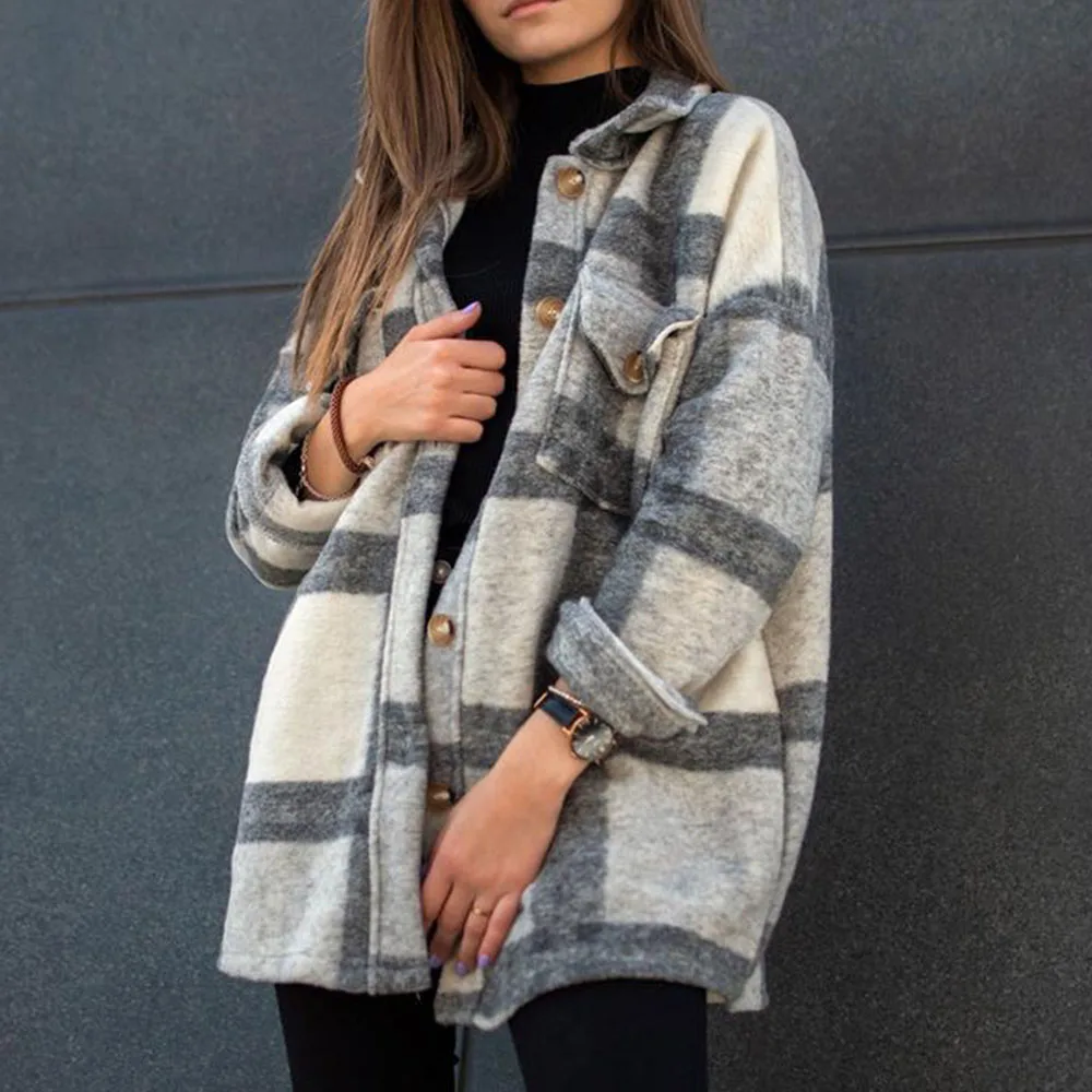 

2021 New Jacket Women Pocket Lattice Casual Lapel Long Sleeve Single Breasted Fashion Loose 2021 Autumn Winter Western Style