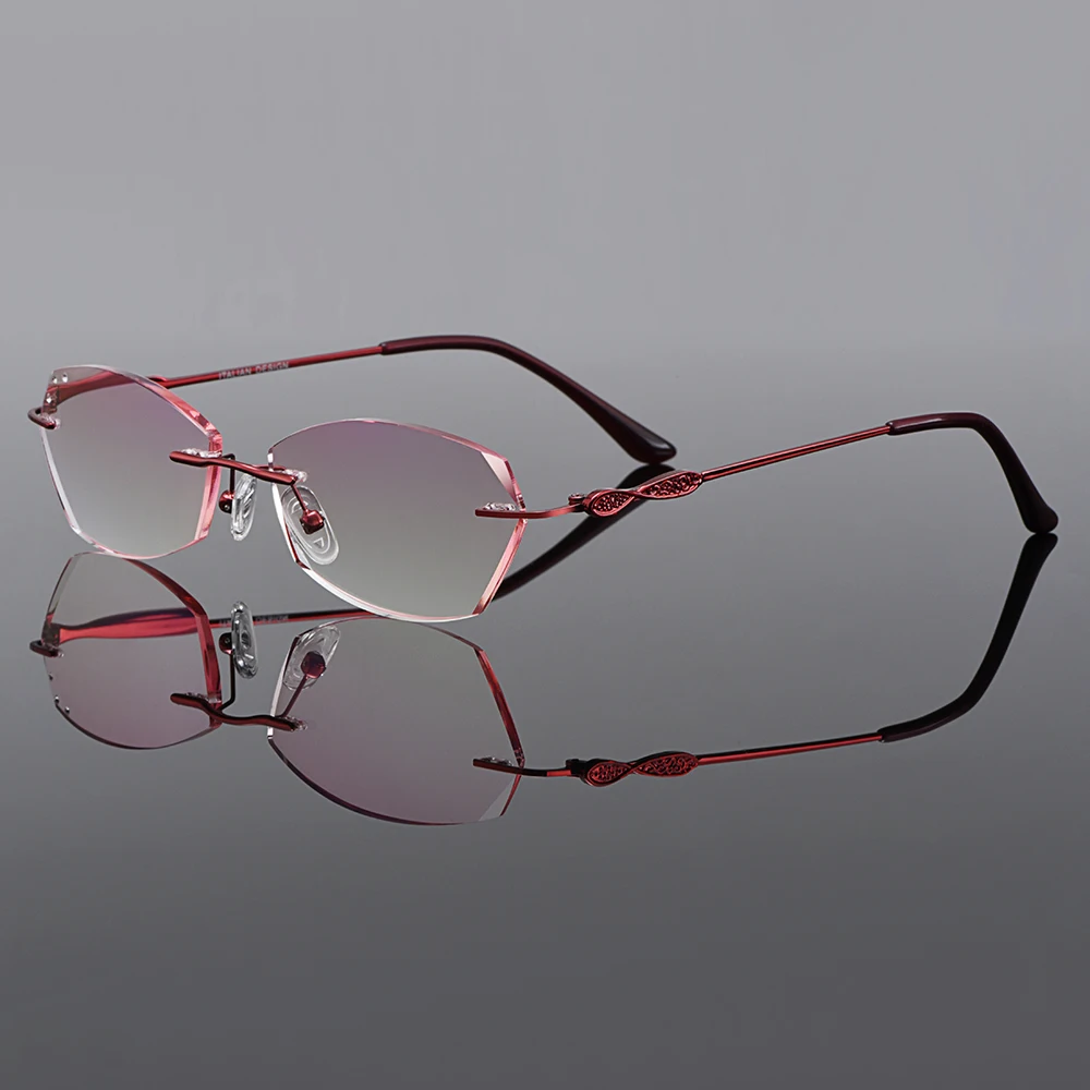 MASSENET Stylish Titanium Alloy Women's Rimless Diamond Trimming Cut Anti-Blue Ray Reading Glasses With Gradient Red Tint Z2853