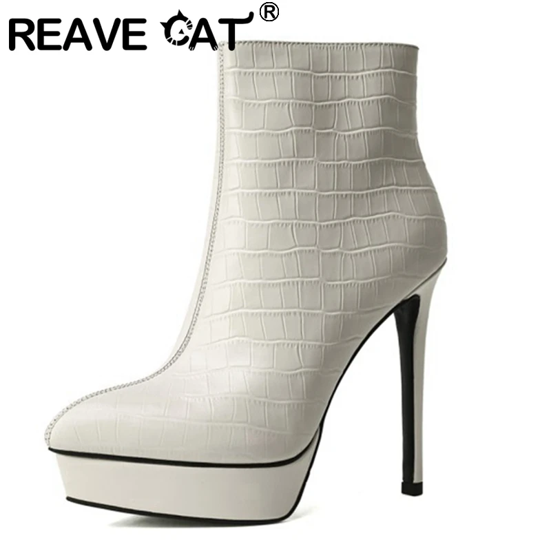 

Женские ботильоны с острым носком REAVE CAT, Клубные ботильоны из натуральной кожи на высоком тонком каблуке 13 см и платформе, A3518, 2021