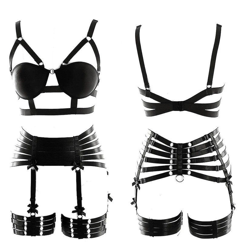 Women Black Strappy Hollow Sexy Lingerie Body Harness Full For Women Harness Body Belts Bondage Garter Set