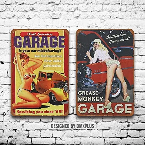 

Металлический знак (набор из 2) оловянные знаки PEI's Grease Monkey Garage Sexy Pinup Girl Vintage Look настенное украшение домашний декор табличка