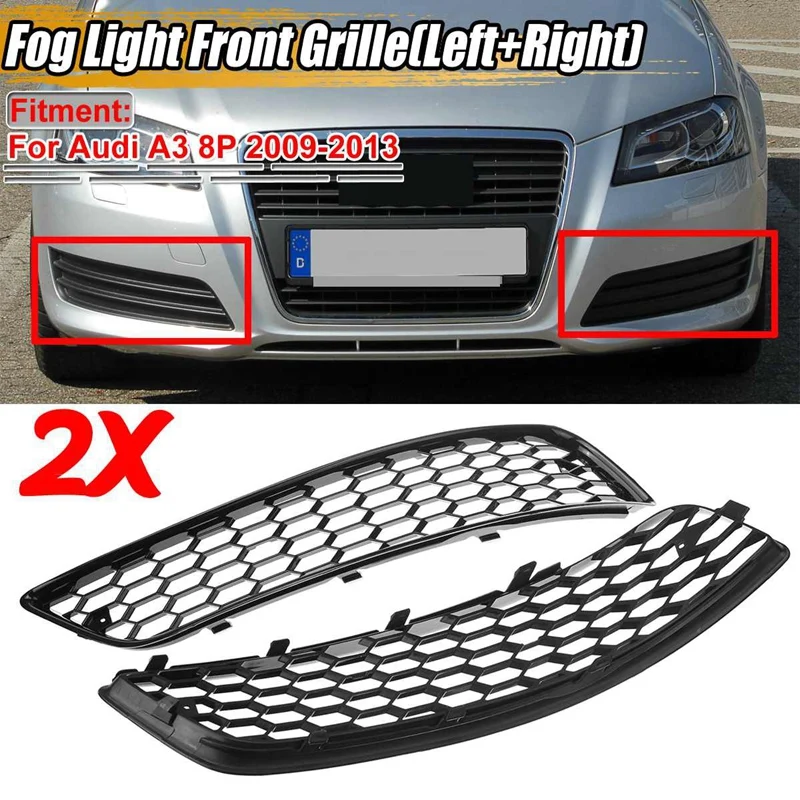 

2X Black Car Front Fog Light Grille Grill Cover Honeycomb Grille Grill for- A3 8P 2009-2013 8P0807682J 8P080768