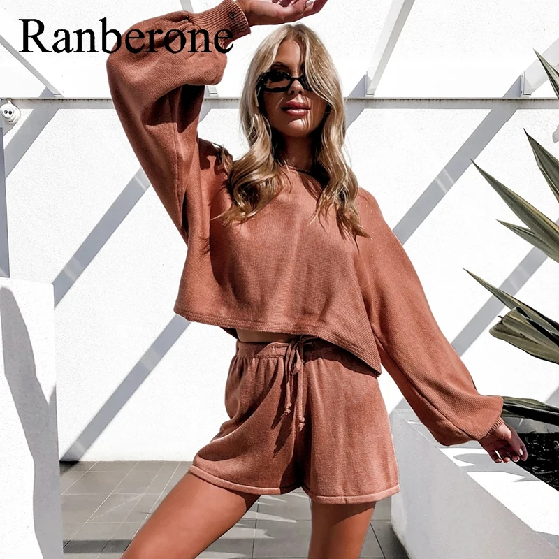 Ranberone Fashion Summer Women Set Long Sleeve Crop Top + Solid Shorts Sport Suit Female Breathable Fitness Tracksuit Wives 2021