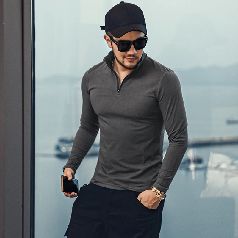 

Spring New Men Zipper Stand Collar Cotton Stretch Long Sleeve T Shirts Slim Fit White T Shirt Male Outdoor Casual Sweatshirts