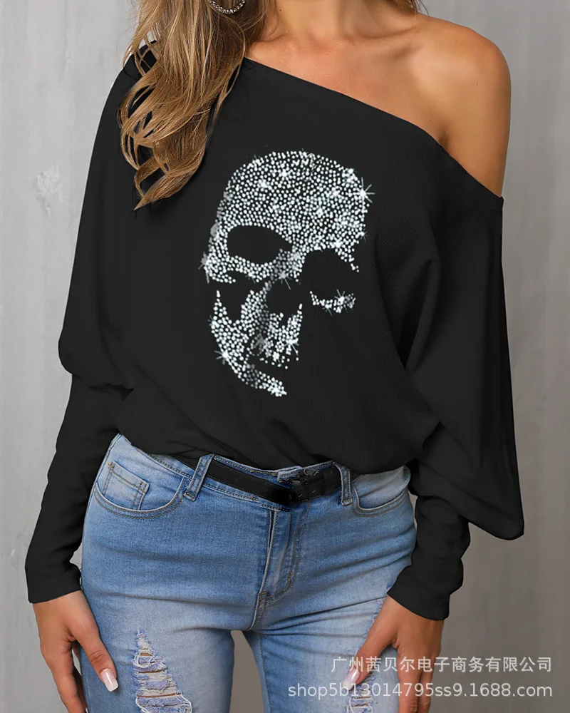 

Mandylandy Women Vintage Loose Skull Print Shirt Top Ladies Casual Fashion Long Sleeve Off Shoulder T-shirt