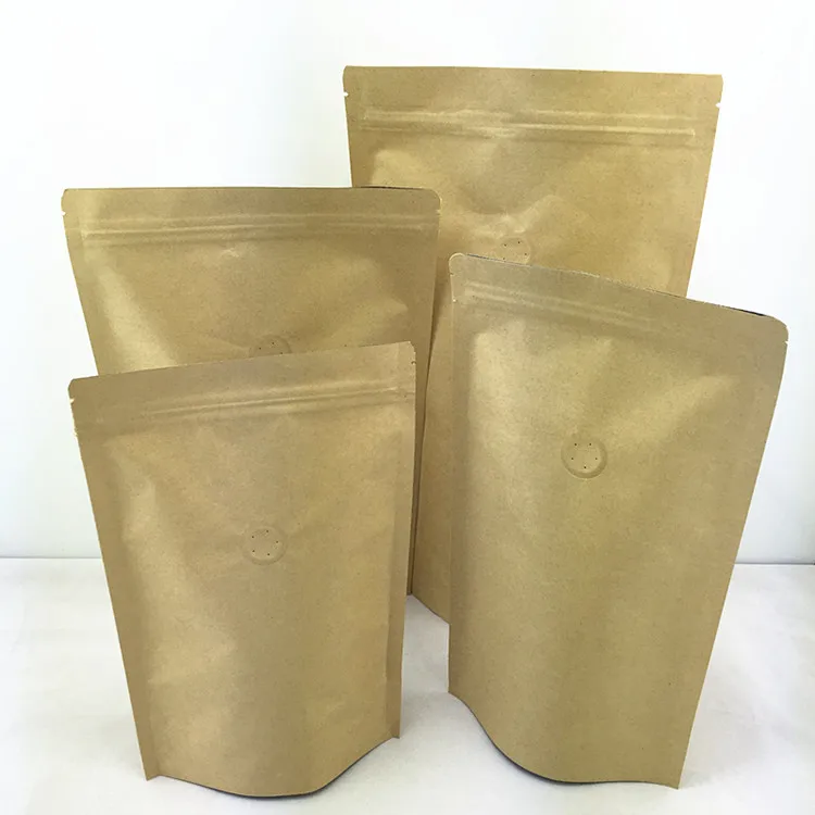 

25pcs (100g-1kg) Stand up Kraft Paper Valve Ziplock Bag Coffee Beans Storage Bag One-way Valve Foil Inside Coffee Packing Bags