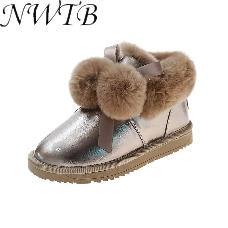 

Новинка 2021, женская зимняя обувь из хлопка, женские плюшевые теплые сапоги с бантом, повседневные однотонные короткие сапоги на плоской под...